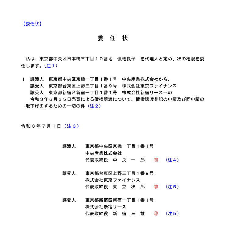 債権譲渡登記に関する委任状（代理権限証書）