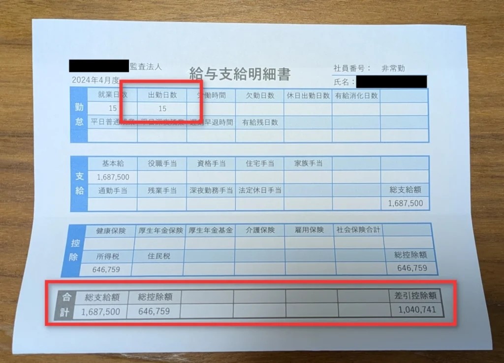 監査法人の非常勤として知人会計士が働いた際の給与明細